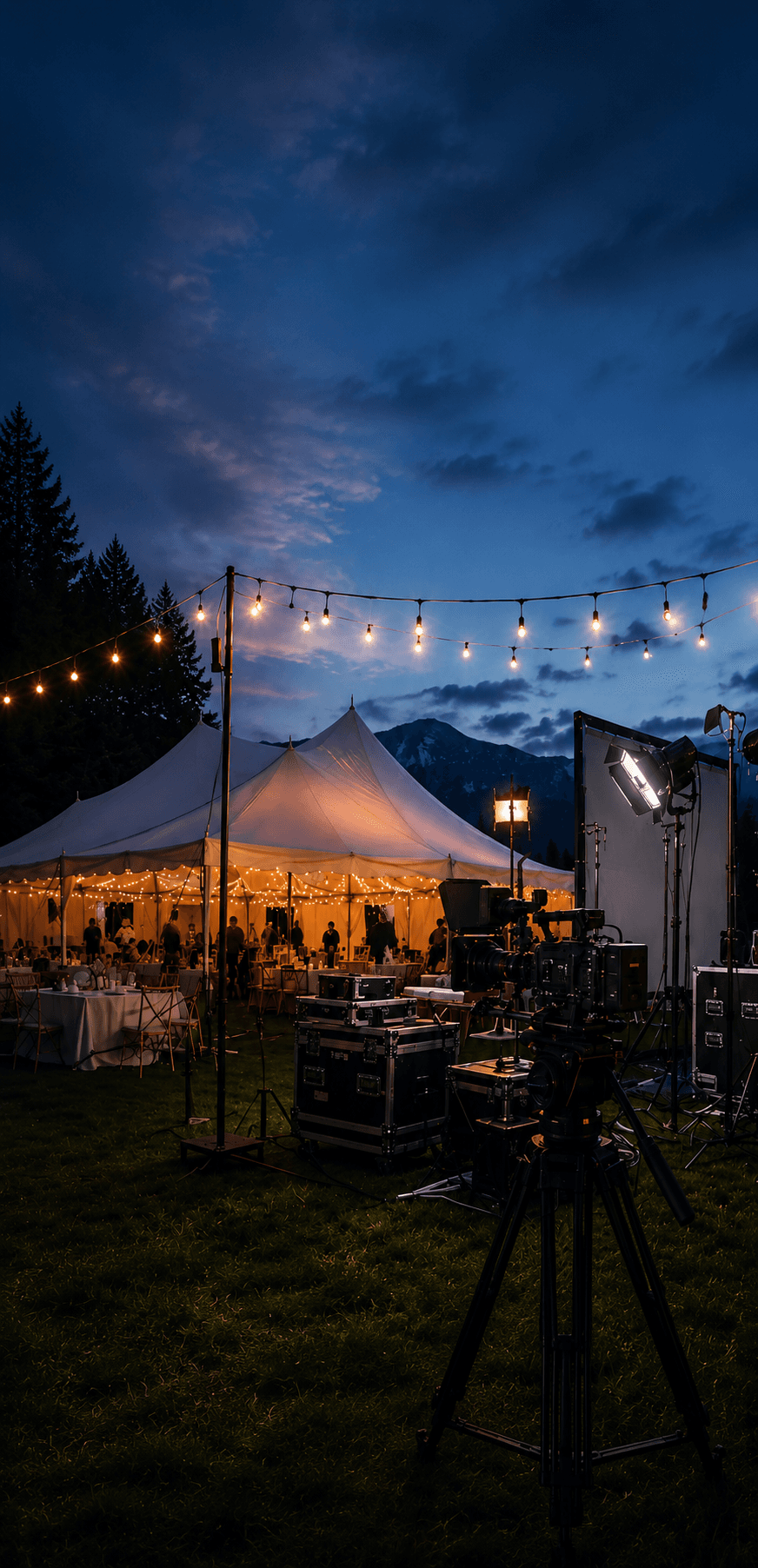 Evening event set up with tables, chairs and string lighting