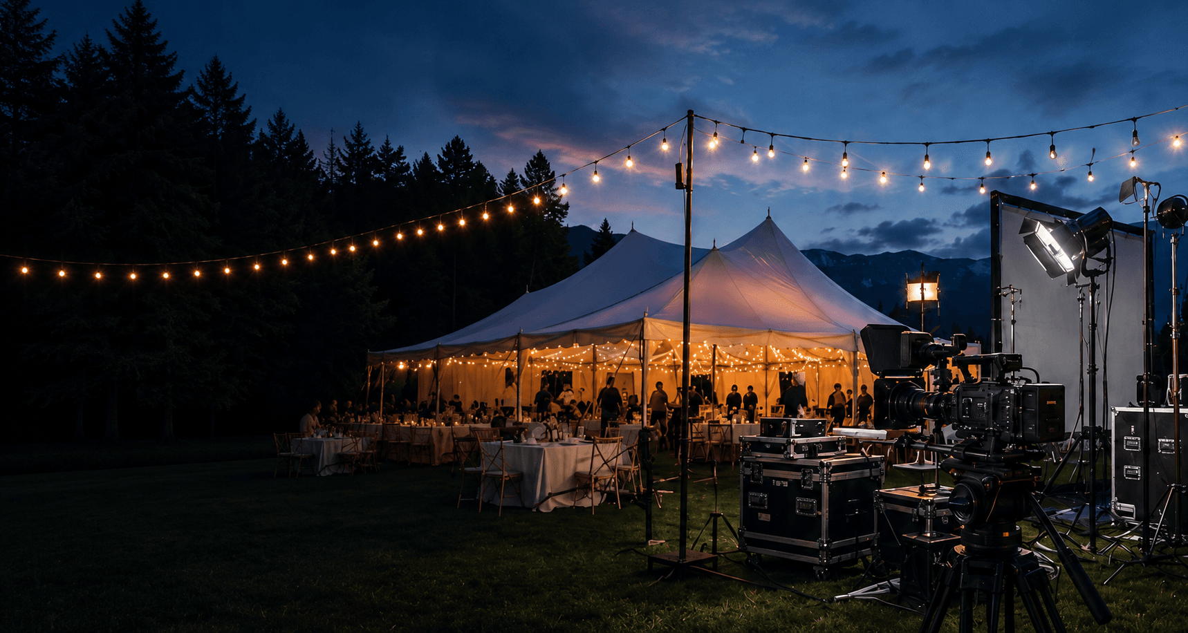 Evening event set up with tables, chairs and string lighting
